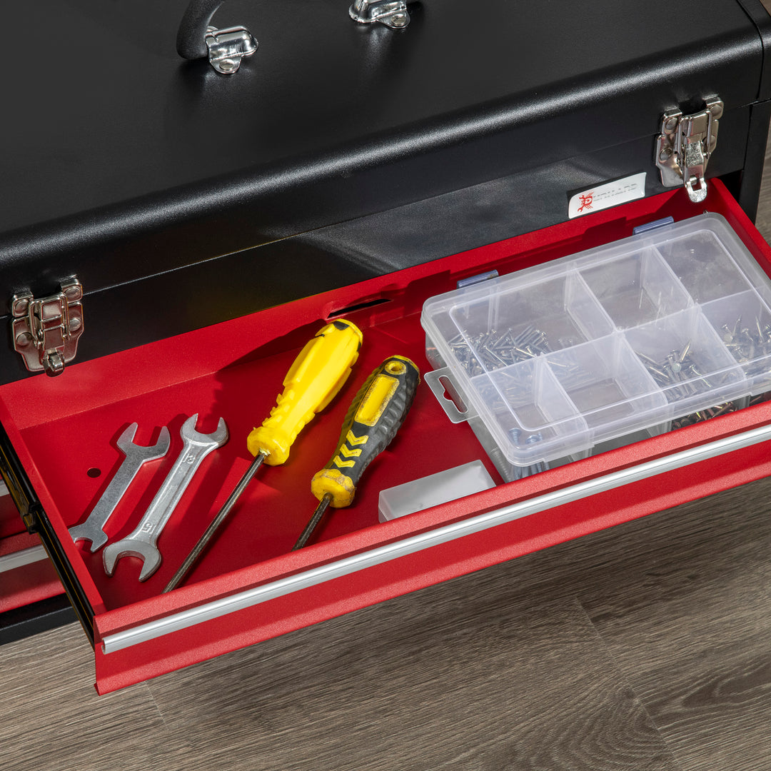 3 Drawer Tool Chest, Lockable Metal Tool Box with Ball Bearing Runners, Portable Toolbox, 510mm x 220mm x 320mm, Black