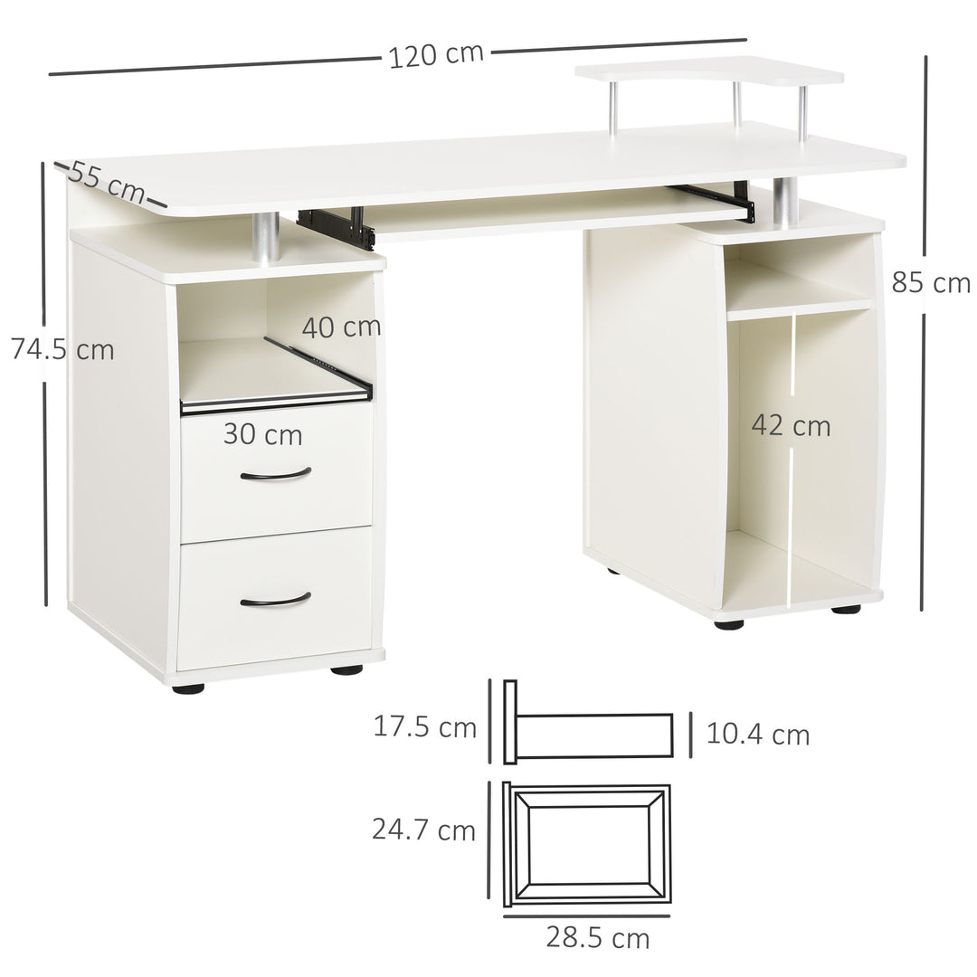 HOMCOM Computer Desk Office PC Table Workstation with Keyboard Tray, CPU Shelf, Drawers, Sliding Scanner Shelf, White | Aosom UK