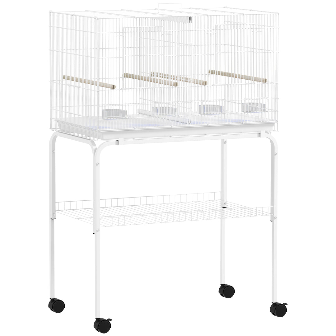 Bird Cage with Divider, 4 Wooden Perches, Slide Out Tray, 4 Feeders, for Budgie, Lovebird, Canary, 76 x 46 x 116cm White