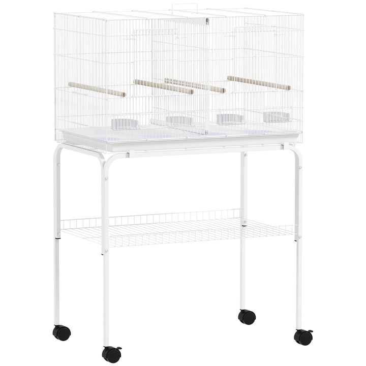 Bird Cage with Divider, 4 Wooden Perches, Slide Out Tray, 4 Feeders, for Budgie, Lovebird, Canary, 76 x 46 x 116cm White