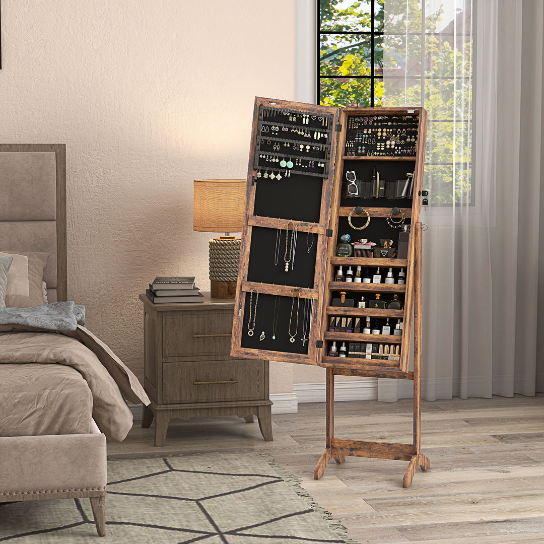 Jewellery Cabinet with LED Light, Lockable Jewellery Organiser with Full-Length Mirror for Bedroom Dressing Room, Rustic Brown