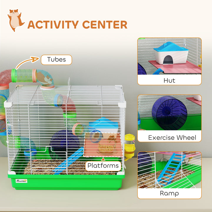 2 Tier Hamster Cage, Gerbil Cage with Handle, Exercise Wheels, Tunnel,