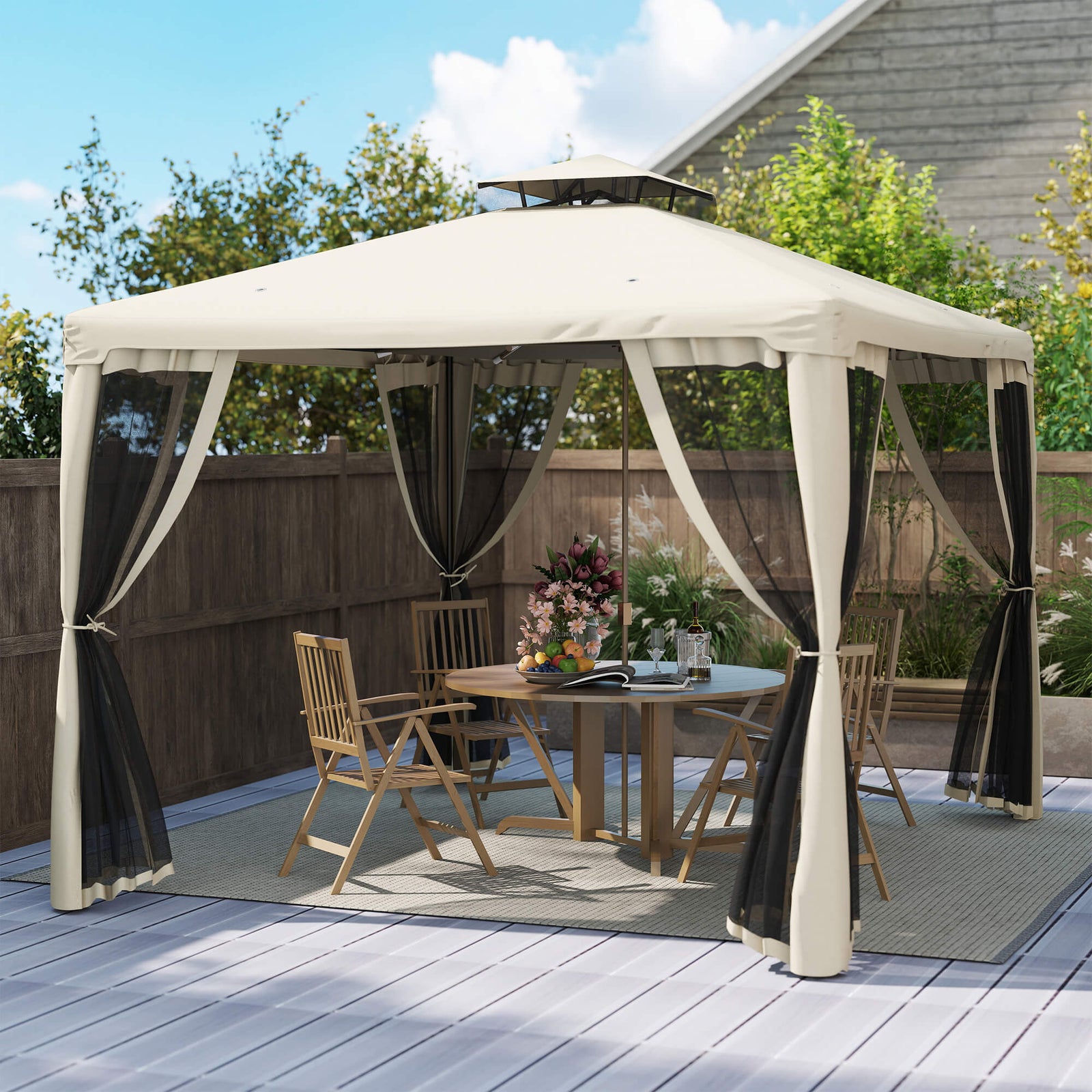 Outdoor Gazebo, 2-tier Roof W/Netting, 295L x 295W x 263Hcm-Taupe