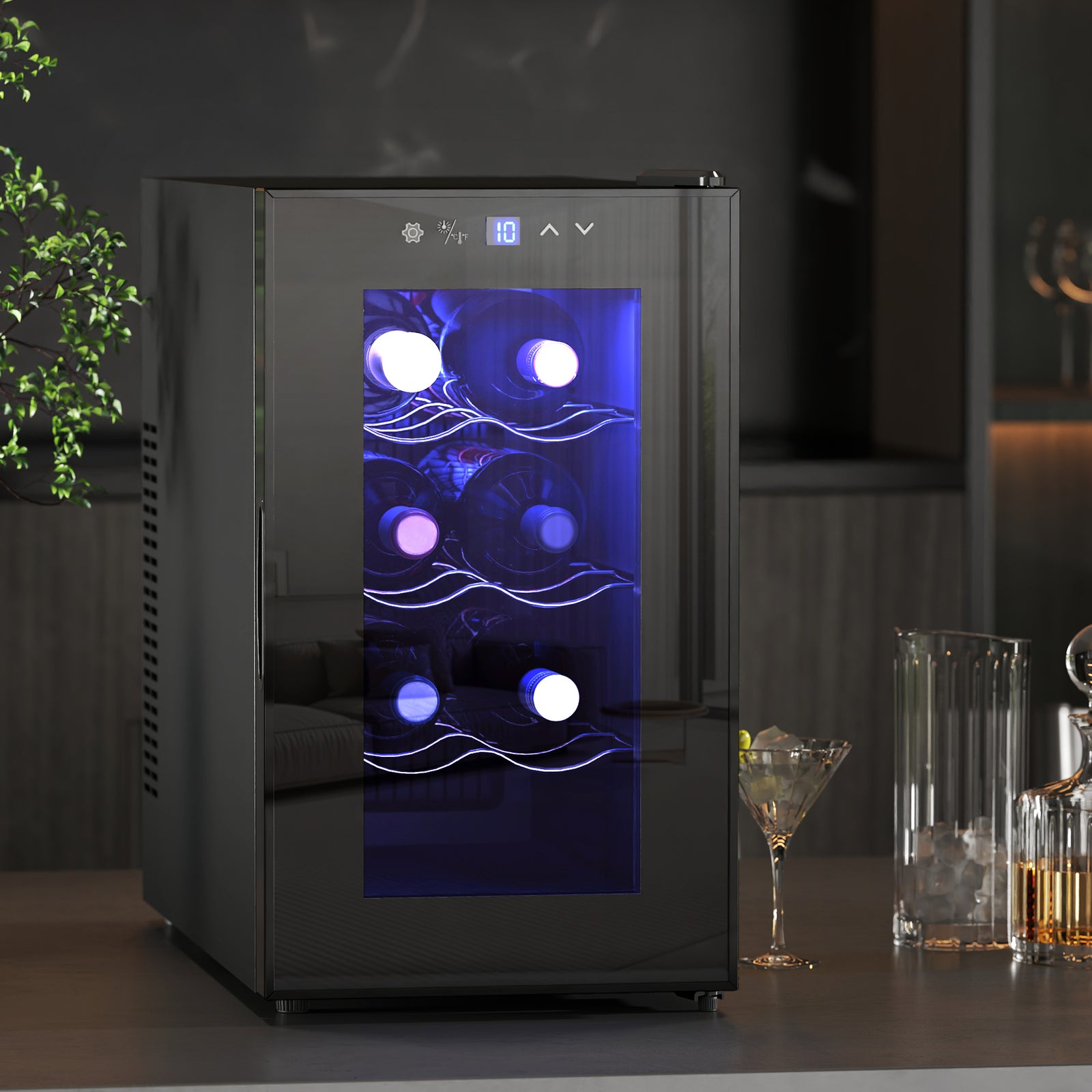Mini Table Top Wine Fridge, 8 Bottle, 17L, 8-18℃, 26.5cm Quiet Under Counter Wine Cooler Fridge with Glass Door, LED Light, Digital Touch Screen, Temperature Control