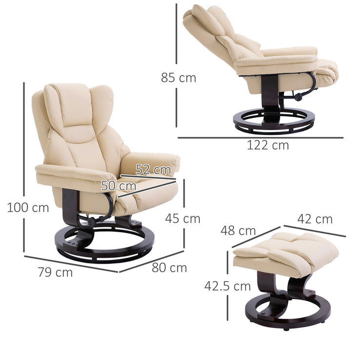 HOMCOM Reclining Swivel Armchair Footstool Set Sofa Padded PU Leather Relaxing Manual Duo Metal Frame Bentwood Base Cream