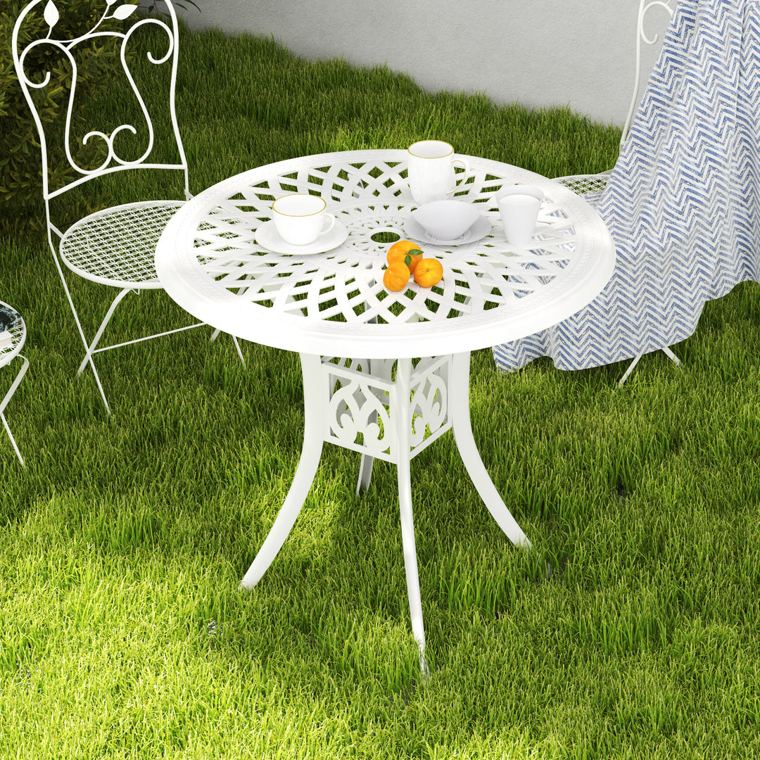 78 cm Round Garden Dining Table with Parasol Hole Antique Cast Aluminium Outdoor Table Only, White