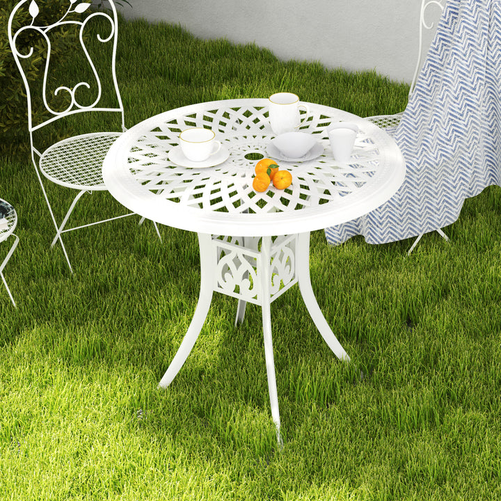 78 cm Round Garden Dining Table with Parasol Hole Antique Cast Aluminium Outdoor Table Only, White