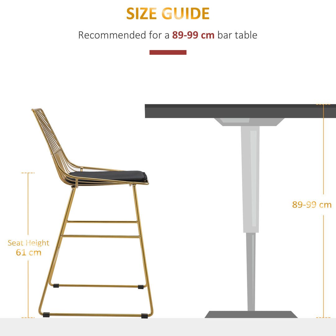 Set of 2 Bar Stools, Modern Counter Height Breakfast Bar Chairs with Wire Metal Frame for Kitchen, Dining Room, Gold