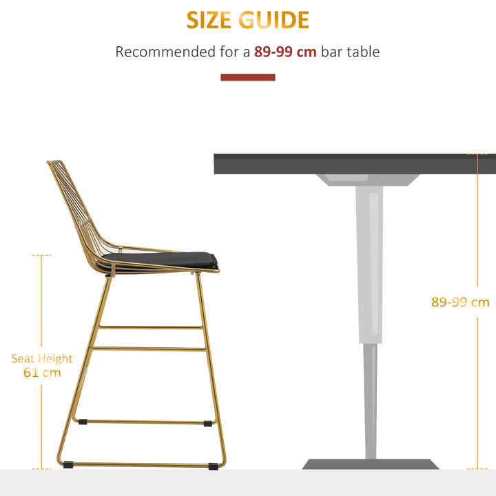 Set of 2 Bar Stools, Modern Counter Height Breakfast Bar Chairs with Wire Metal Frame for Kitchen, Dining Room, Gold