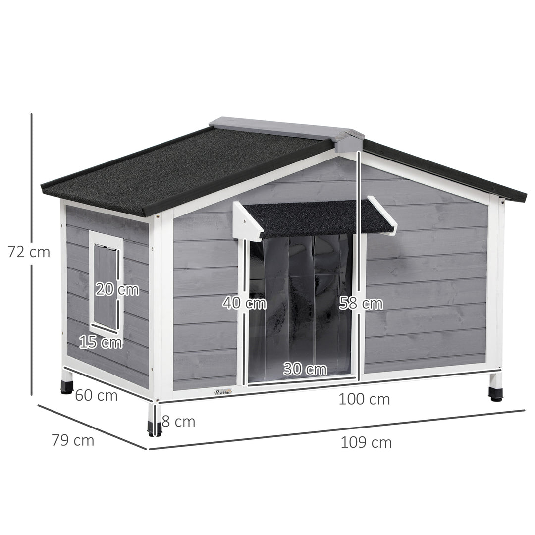 PawHut Large Wooden Dog Kennel Elevated Dog Kennels for Outside, w/ Openable Top, Asphalt Roof, Removable Tray, Adjustable Leg, Grey