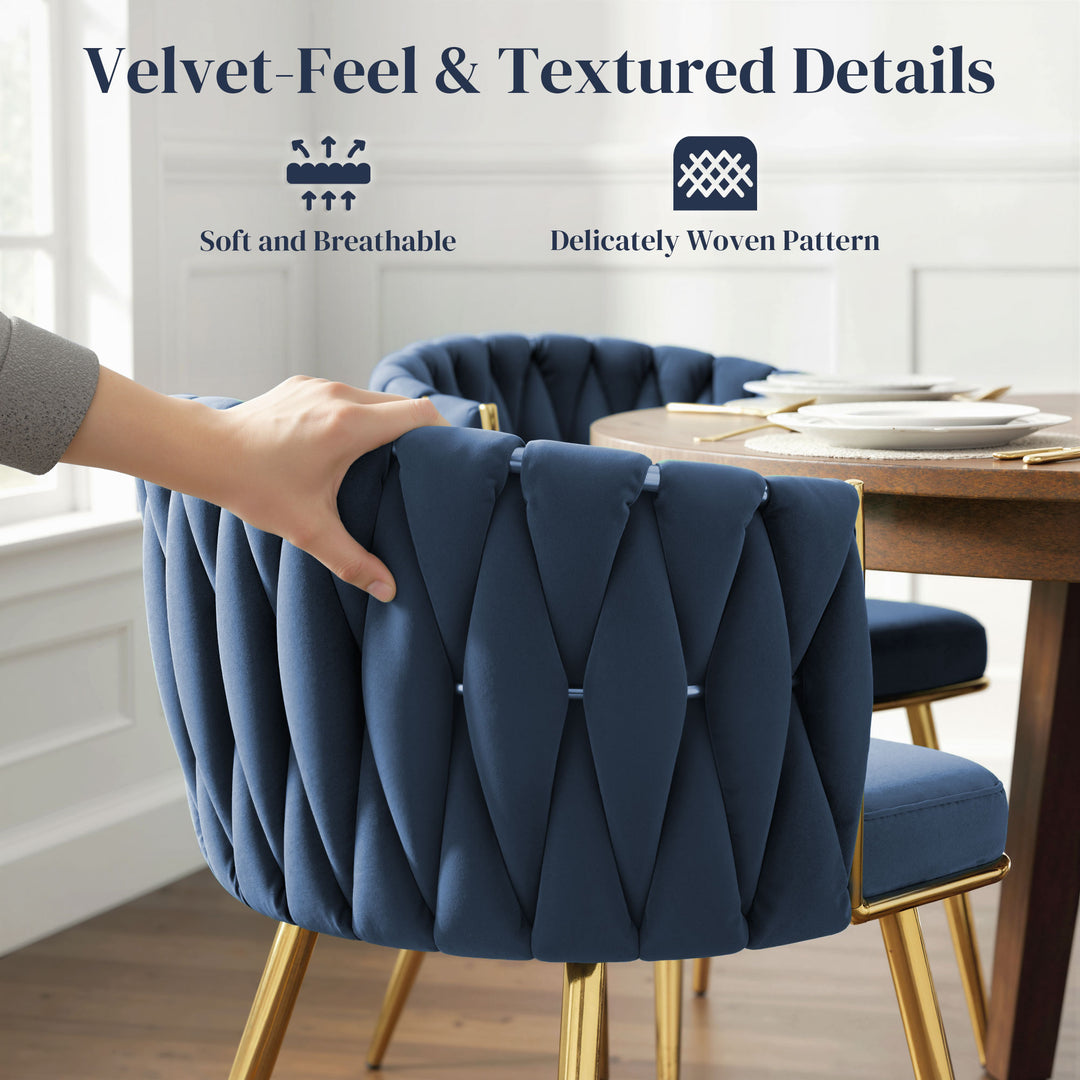 Velvet-Feel Dining Chairs Set of 2, Modern Upholstered Kitchen Chairs with Woven Backrest and Armrests, Metal Legs and Padded Seat for Dining Room, Bedroom, Living Room