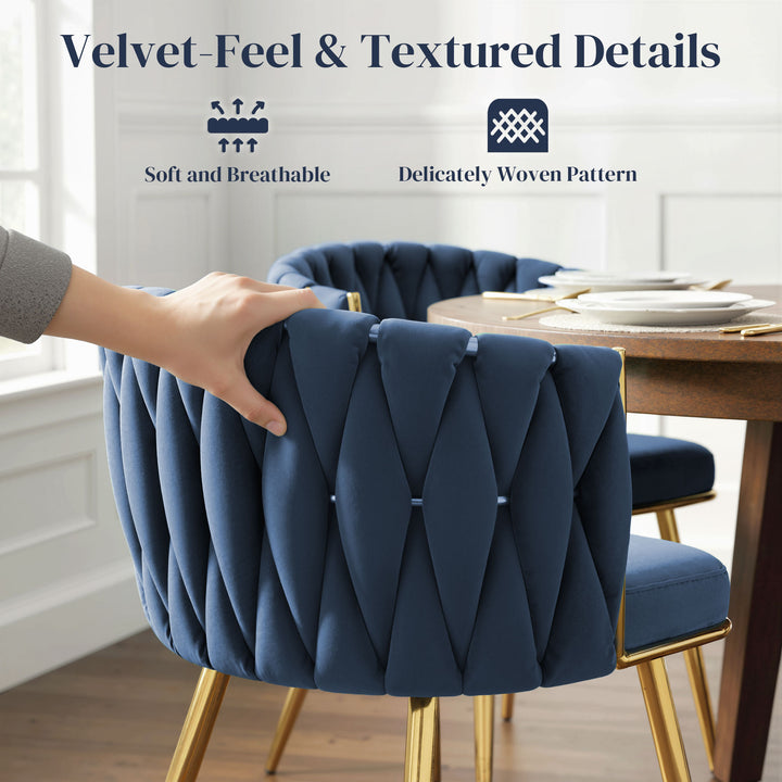 Velvet-Feel Dining Chairs Set of 2, Modern Upholstered Kitchen Chairs with Woven Backrest and Armrests, Metal Legs and Padded Seat for Dining Room, Bedroom, Living Room