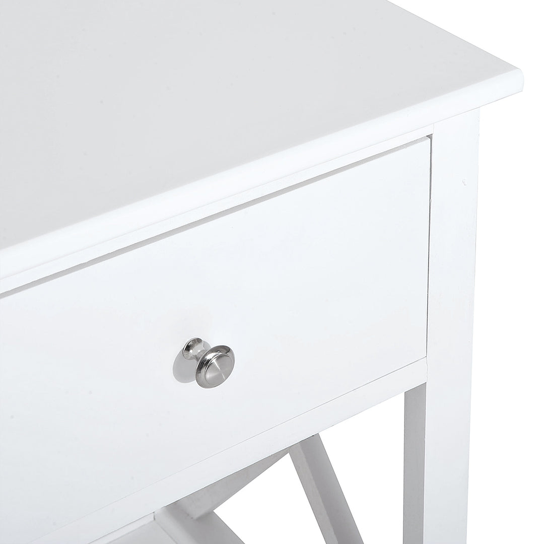 End Table, Sofa Side Table with Drawer X Bar Bottom Storage Shelf, Nightstand Bedside Table for Bedroom or Living Room White