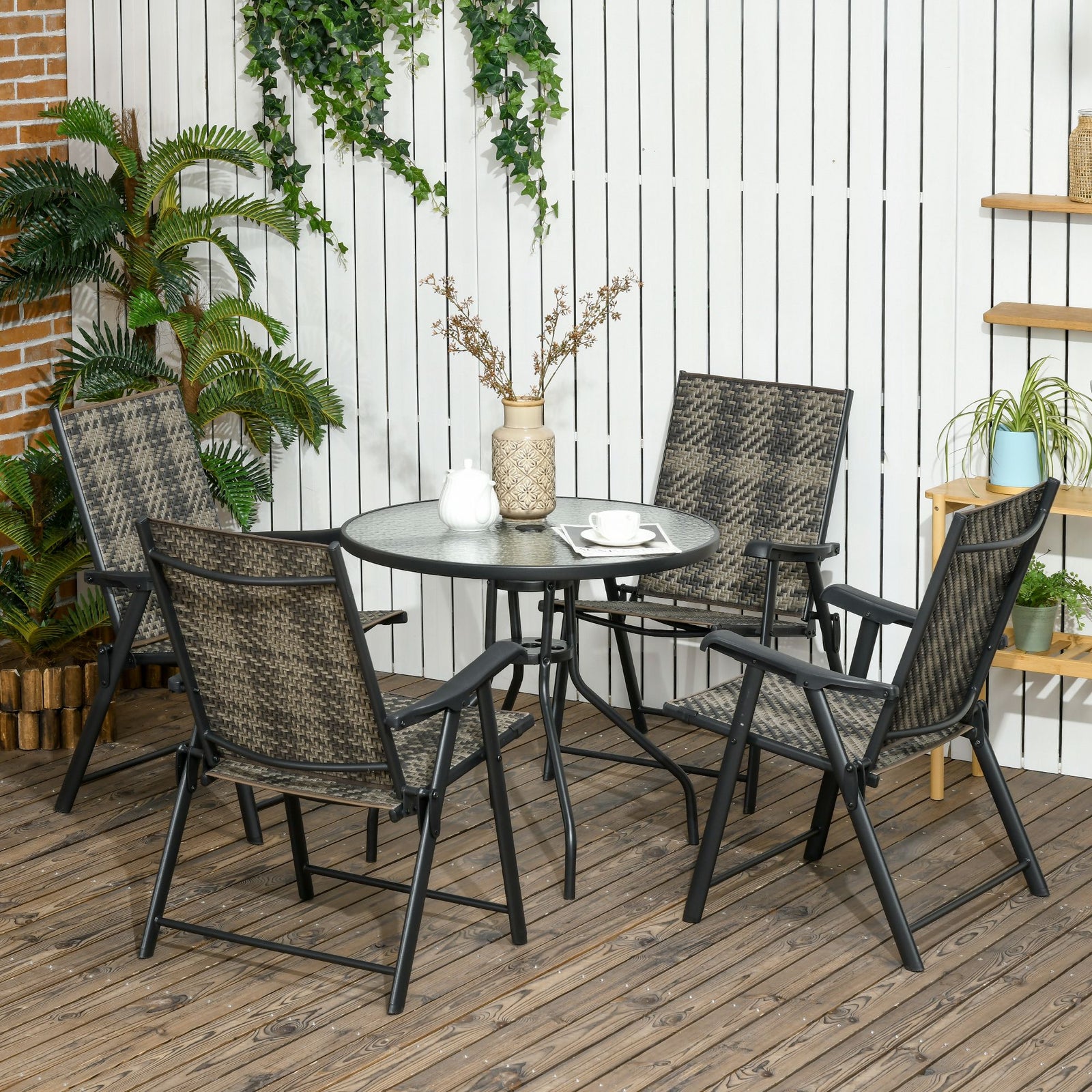 4 Seater Rattan Dining Set, Rattan Garden Furniture Set with Parasol Hole, Outdoor Dining Table and Chairs with 4 Armchairs, Round Glass Top Table for Patio, Balcony, Mixed Grey