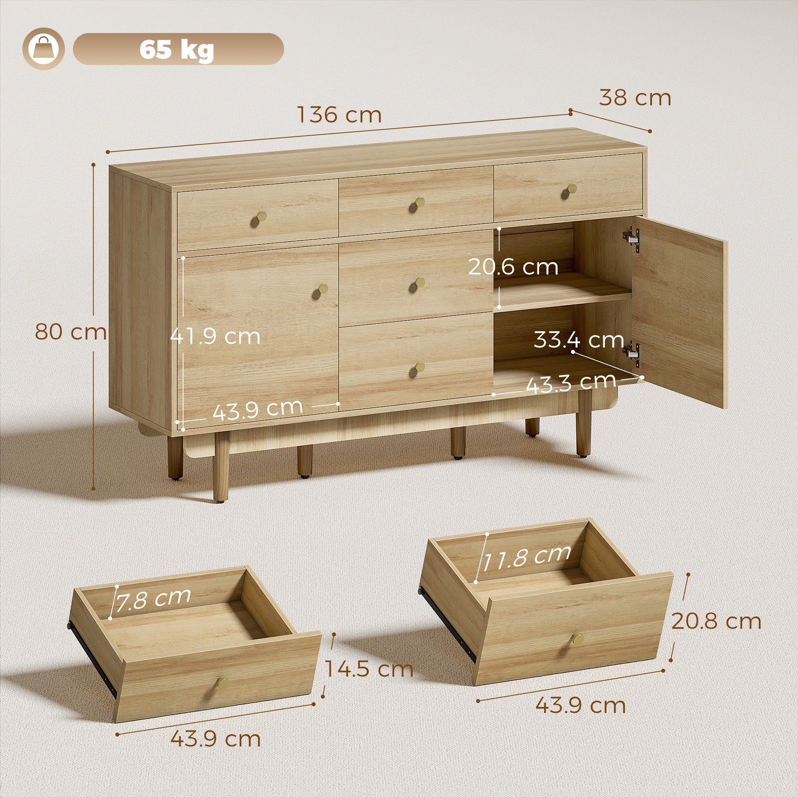 Sideboard with 5 Drawers and 2 Cabinets Buffet Cabinet with Solid Wood
