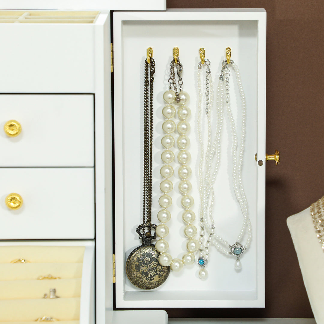 4-Tier Jewellery Box with Mirror and 2 Drawers - White