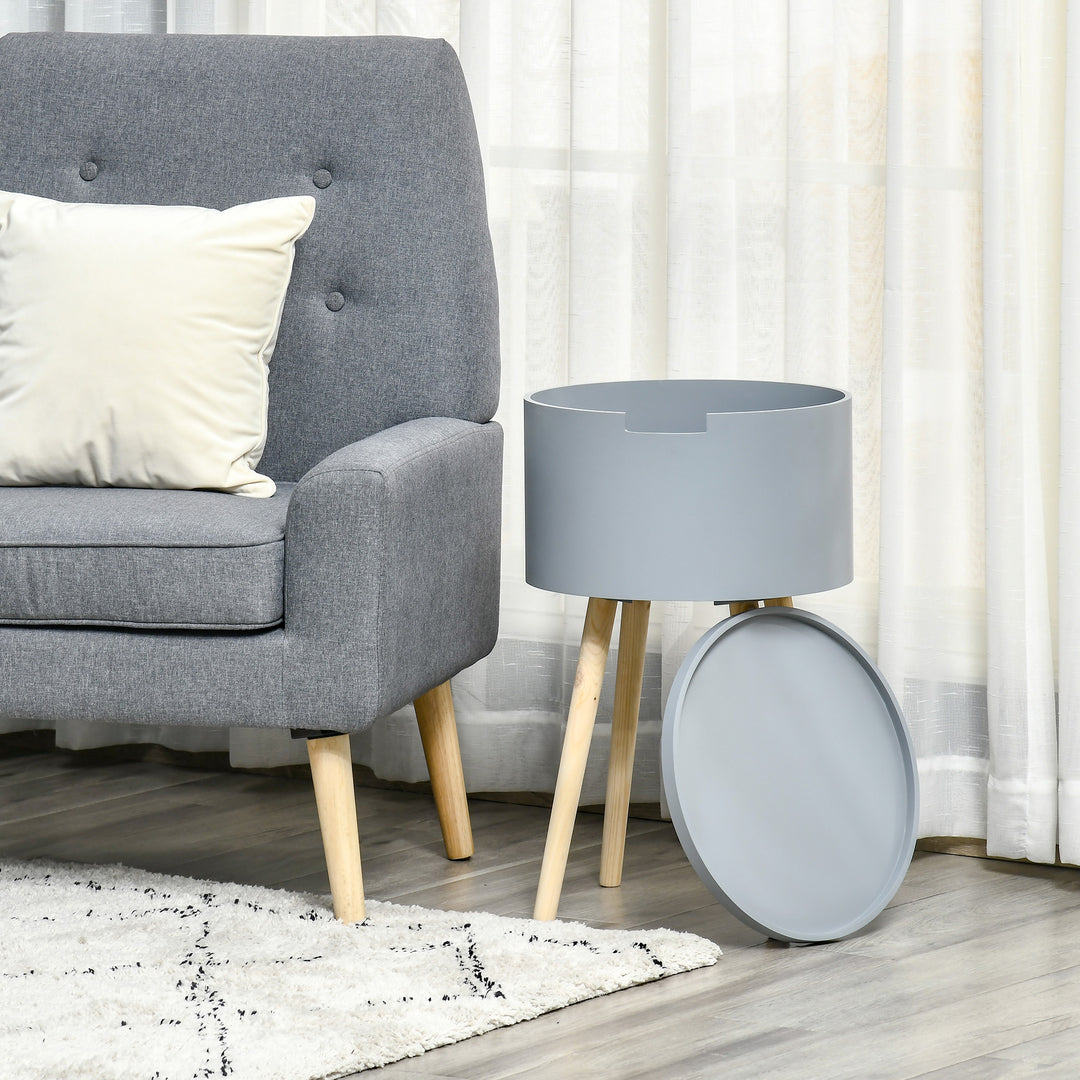 Modern Side Table with Hidden Storage Space, Round Night Stand with Removable Tray Wood Frame End Coffee Table for Living Room, Grey