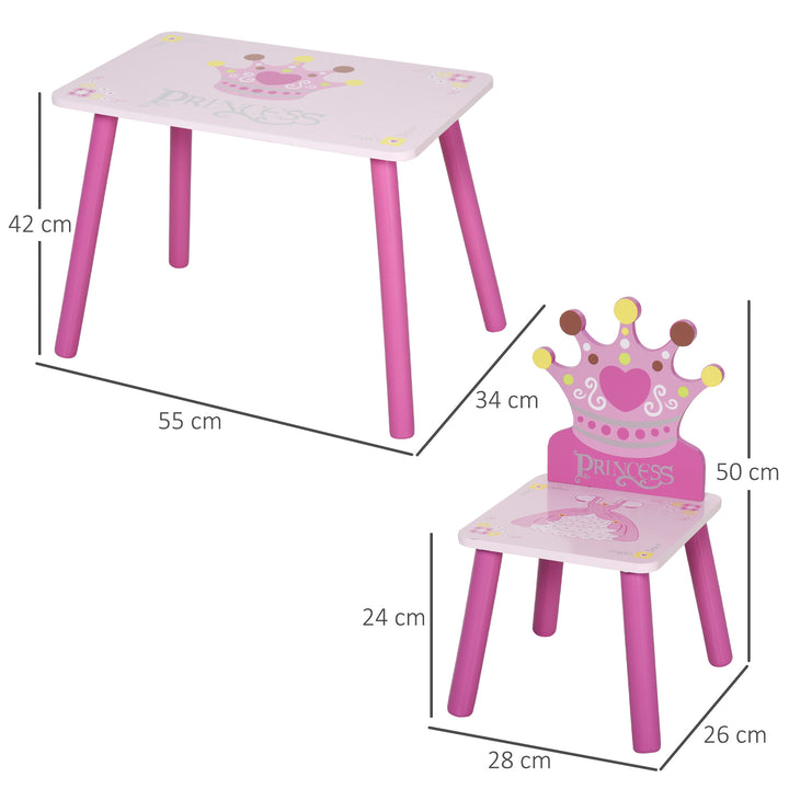 HOMCOM Kids' Wooden Table and Chair Set with Crown Pattern, Easy-Clean Surface, Ideal Gift for Girls Toddlers Aged 3 to 8, Pink | Aosom UK