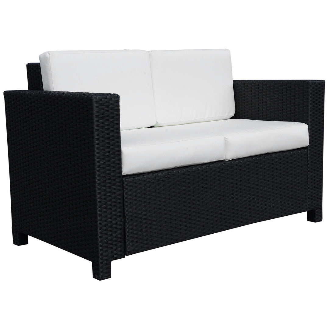 Rattan Sofa, 2 Seater Garden Furniture with Soft Padded Cushion and Armrests, Wicker Garden Loveseat for Patio, Black