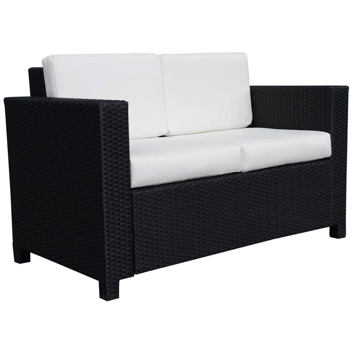 Rattan Sofa, 2 Seater Garden Furniture with Soft Padded Cushion and Armrests, Wicker Garden Loveseat for Patio, Black