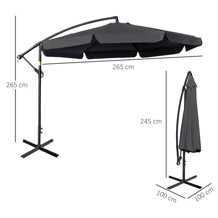 2.7m Garden Banana Parasol Cantilever Umbrella with Crank Handle and Cross Base for Outdoor, Hanging Sun Shade, Black
