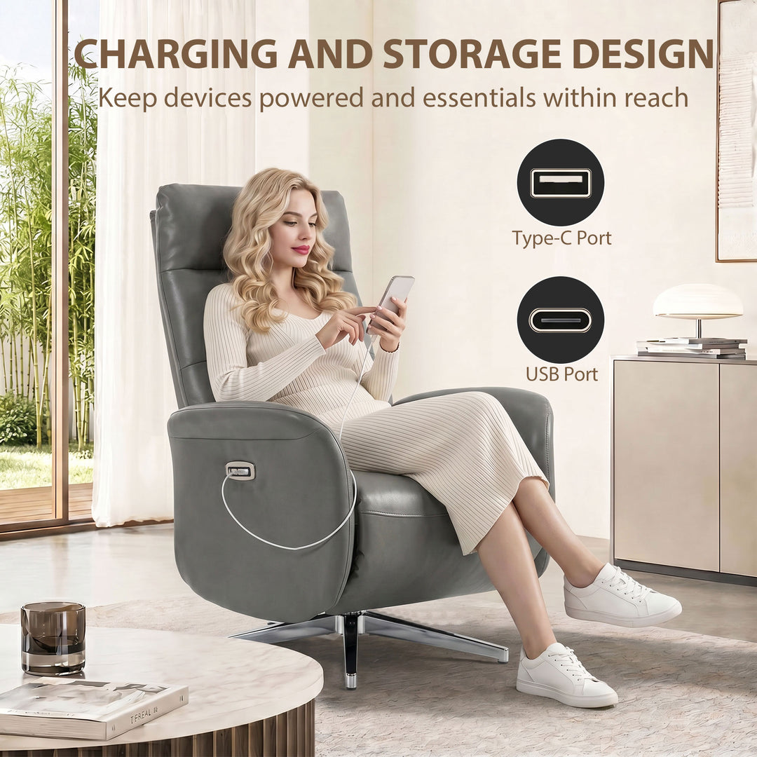 Power Recliner Chair, Swivel Electric Reclining Chair with Type C+USB,