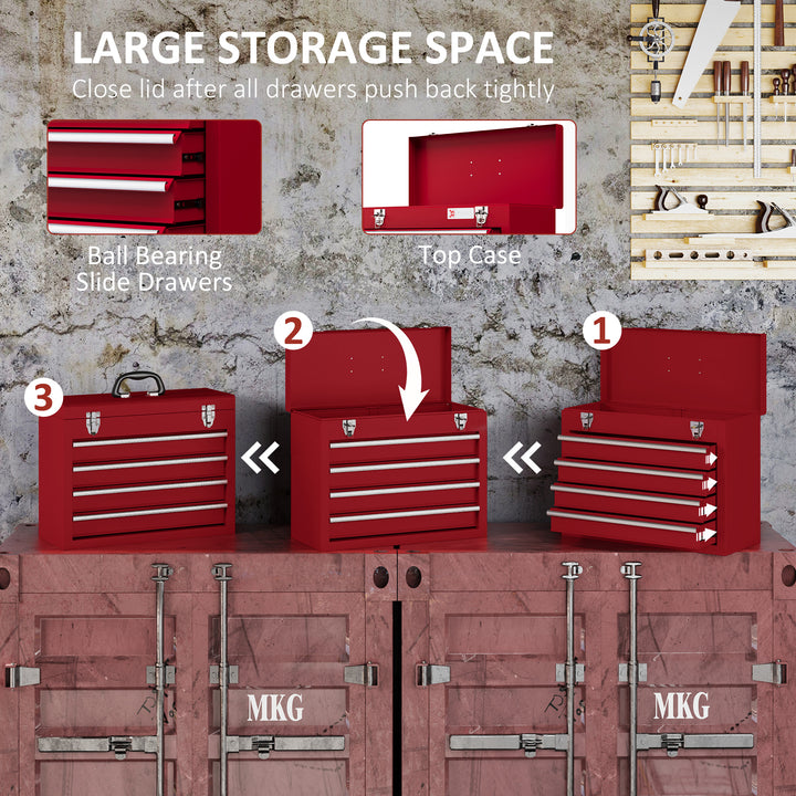 Lockable Metal Tool Box, 4 Drawer Tool Chest with Latches, Handle, Ball Bearing Runners, Red