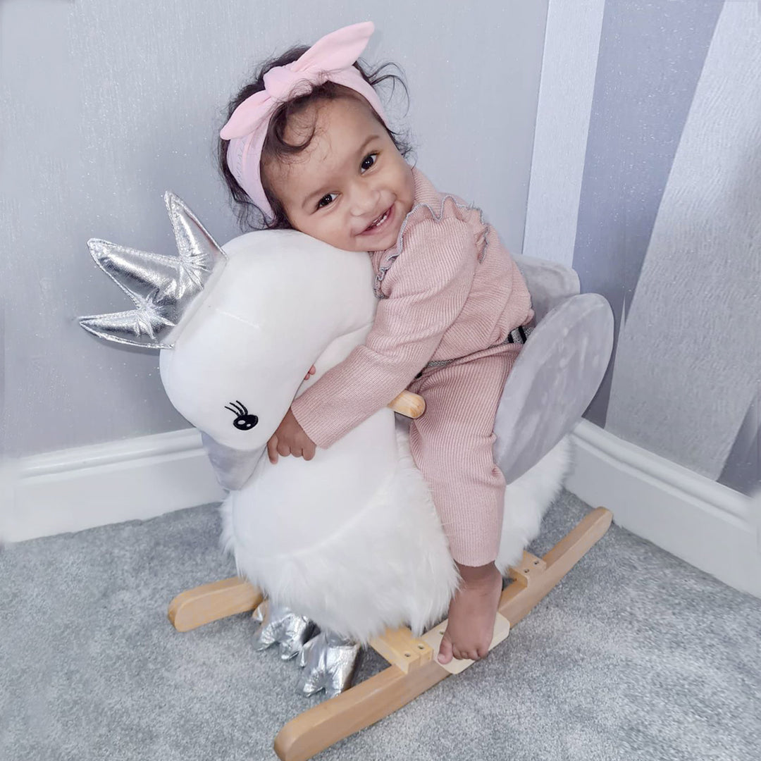 MCL Kids Rocking Horse, Children Plush Ride On Swan Animal Rocker w/ Sound, Wood Base Seat, Safety Belt, Baby Toy Rocker for Toddler 18 - 36 Months, White and Grey