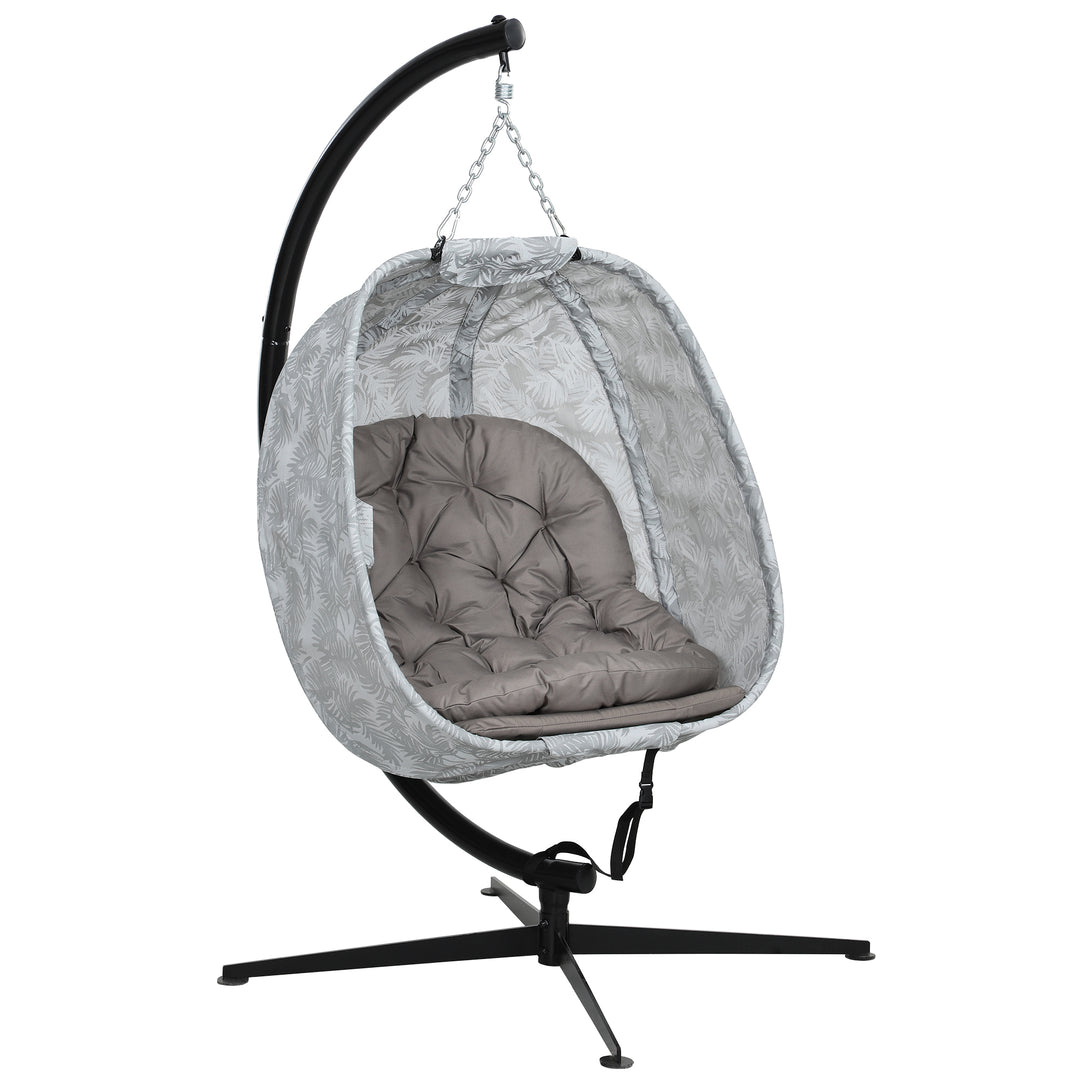 Hanging Egg Chair Outdoor Indoor Garden Swing Chair with Folding Basket, Garden Hanging Chair with Stand, Thickened Cushion, Cup Holder for Patio, Balcony, Sand Brown
