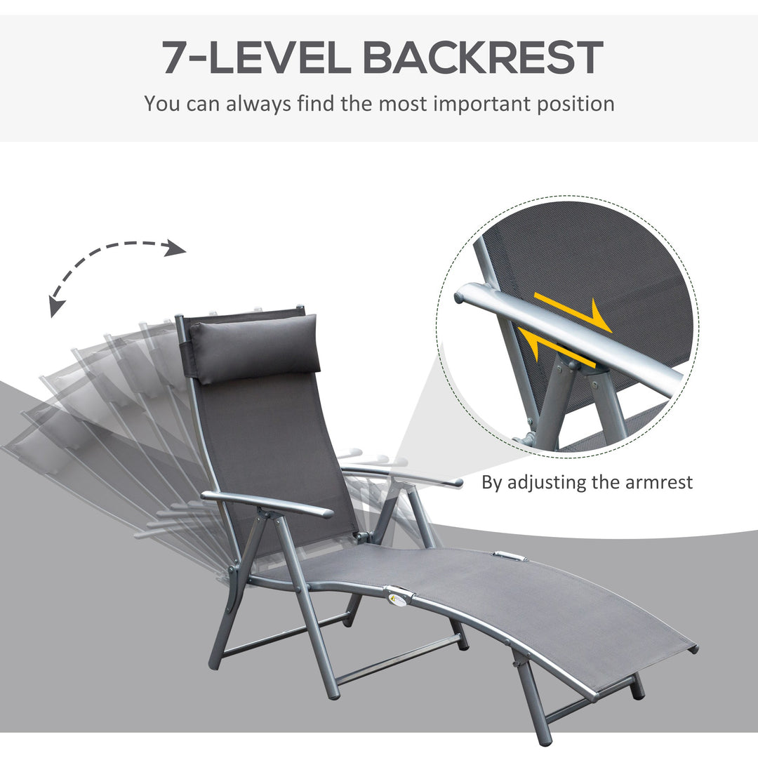 Sun Lounger Steel Frame Outdoor Folding Chaise Texteline Lounge Chair Recliner with Headrest & 7 Levels Adjustable Backrest, Grey