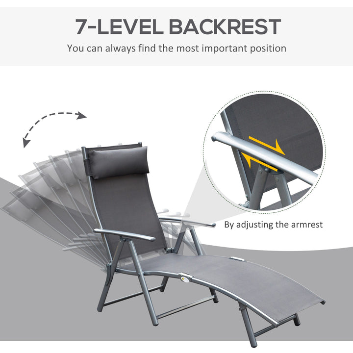 Sun Lounger Steel Frame Outdoor Folding Chaise Texteline Lounge Chair Recliner with Headrest & 7 Levels Adjustable Backrest, Grey