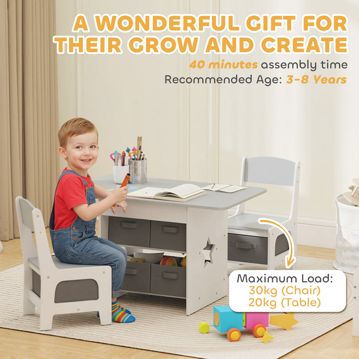 MCL Kids Table and Chair Set, Toddler Table and 2 Chairs Set with 6 Removable Drawers, for Boys Girls Ages 3-8, Light Grey