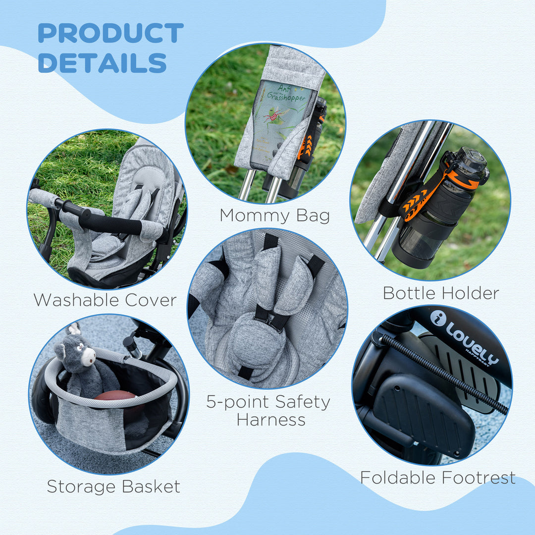 6 in 1 Kids Trike with Parent Handle, Canopy, 5-point Safety Belt, Storage, Footrest, Brake, for 1-5 Years, Grey