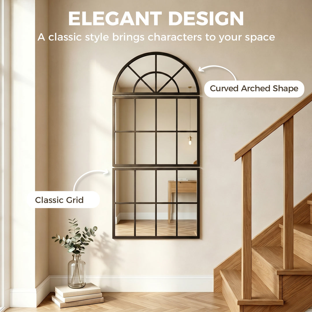 Large Arched Wall Mirror with Metal Grid, 3-Piece Split Window Mirrors