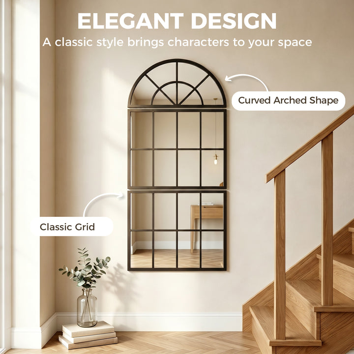 Large Arched Wall Mirror with Metal Grid, 3-Piece Split Window Mirrors