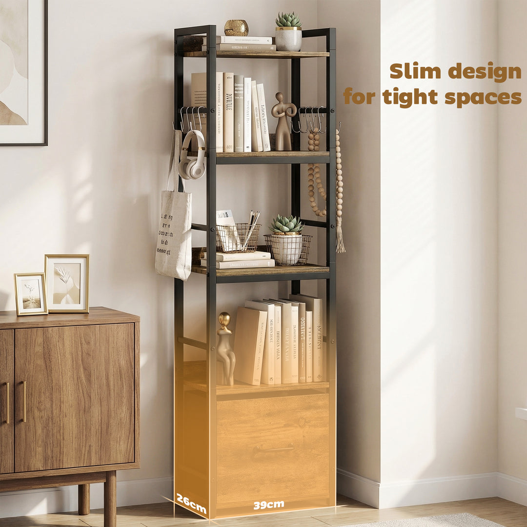 4-Tier Bookshelf, Narrow Bookcase with Drawer, 8 Hooks, Metal Frame, R