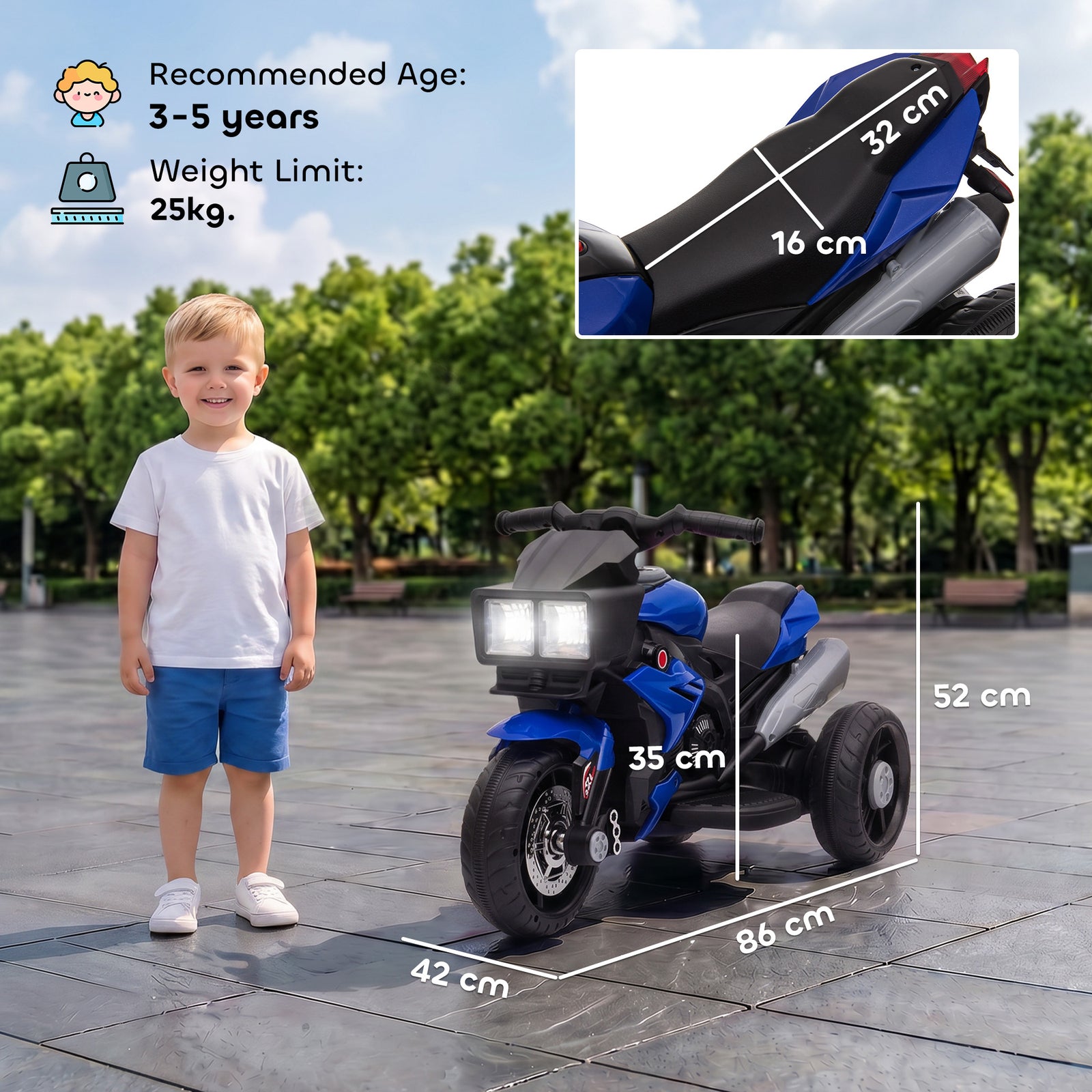 Kids Electric Motorcycle Ride-On Toy, 3-Wheel Battery-Operated Motorbi