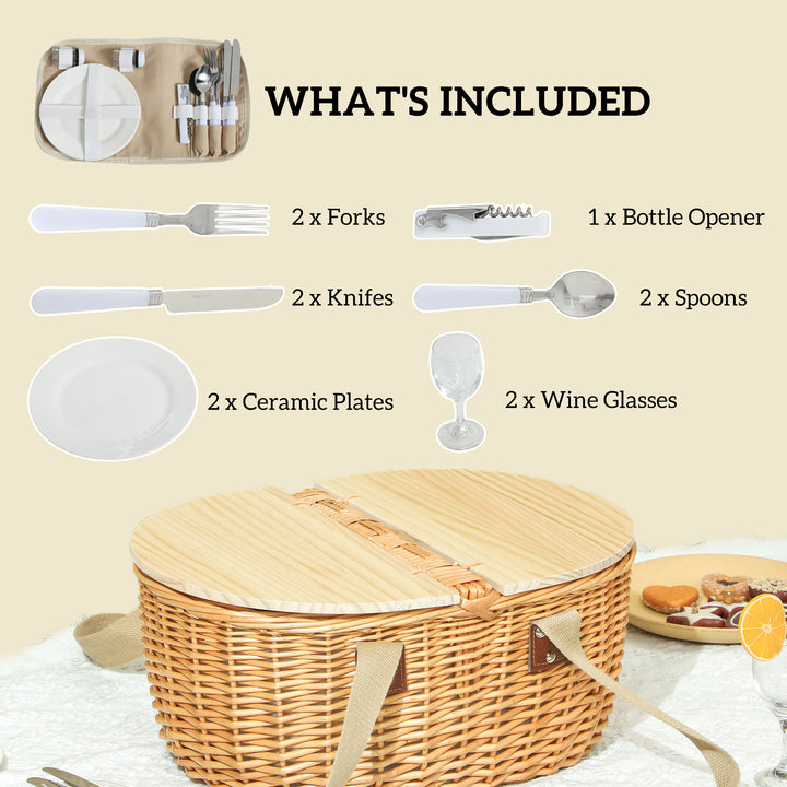 Wicker Picnic Basket for 2 with Pine Wood Lid, Picnic Hamper with Cooler Compartment, Cutlery Service Kits, Carry Handle for Camping, Outdoor, Valentine Day, Chirtmas, Birthday, Light Brown