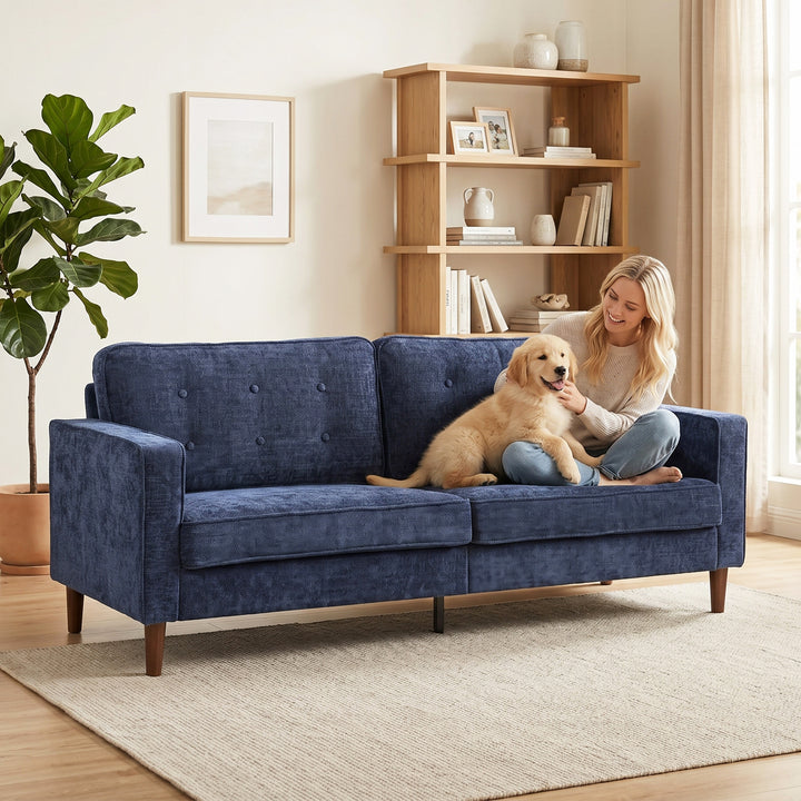3 Seater Sofa Button Tufted Upholstered Couch with Wood Legs for Livin