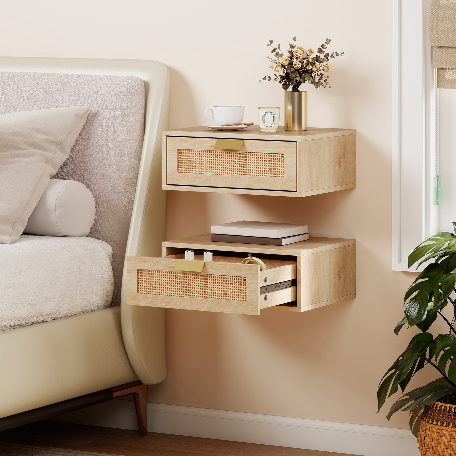 Floating Bedside Tables Set of 2, Wall Mounted Bedside Cabinets with R