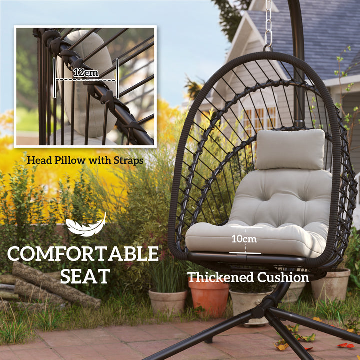 Outdoor PE Rattan Swing Chair with Foldable Basket and Cushion, Garden Patio Hanging Egg Chair with Metal Stand, Headrest for Indoor and Outdoor, Black