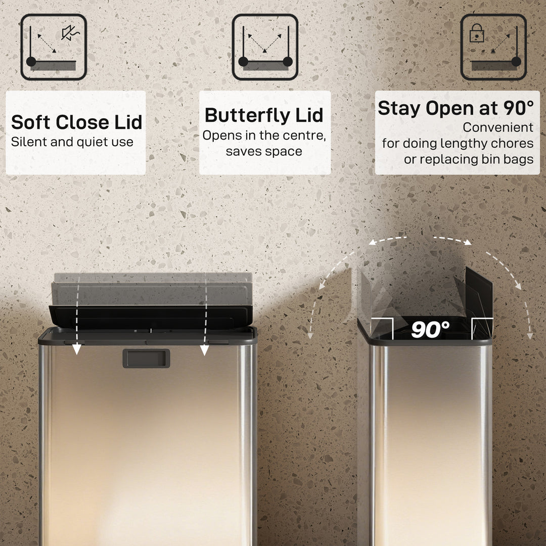 MCL Dual Kitchen Bin with Soft-Close Butterfly Lid, 2 x 28L Stainless Steel Pedal Bin with Removable Inner Buckets, Fingerprint-Proof for Recycling and Waste, Silver Tone