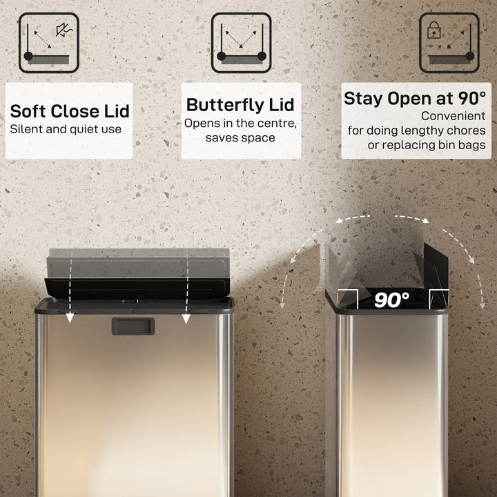 MCL Dual Kitchen Bin with Soft-Close Butterfly Lid, 2 x 28L Stainless Steel Pedal Bin with Removable Inner Buckets, Fingerprint-Proof for Recycling and Waste, Silver Tone