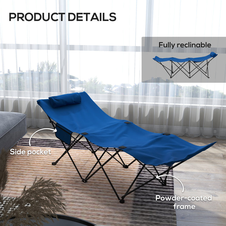 Camping Bed for Adults, Single Folding Camp Bed, Portable Camping Cot with Side Pocket, Headrest and Oxford Seat for Outdoor, Travel, Fishing, Dark Blue