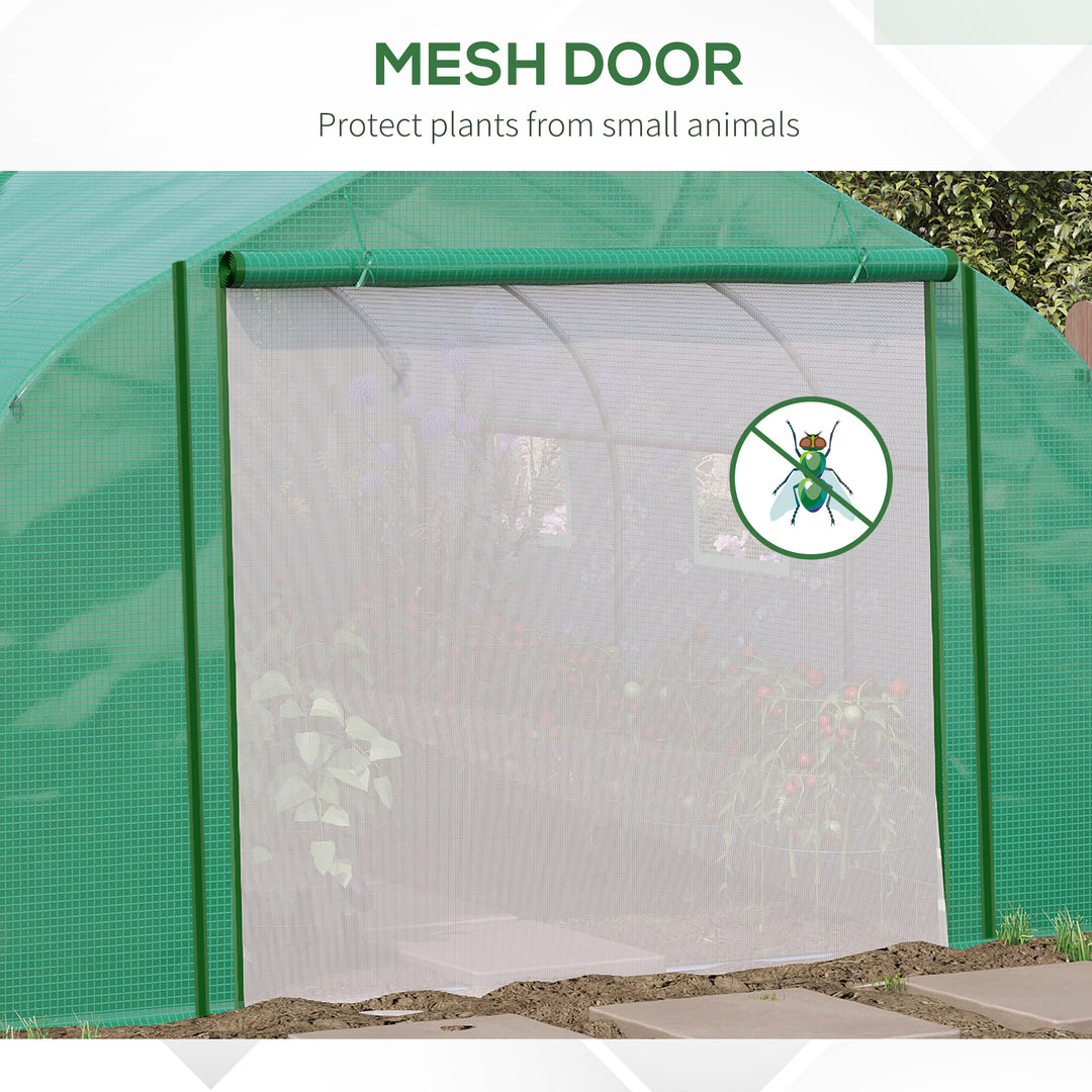 MCL Walk-in Polytunnel Garden Greenhouse, Outdoor Mesh Door Greenhouse with PE Cover and 6 Windows, 3.5 x 3 x 2m, Green