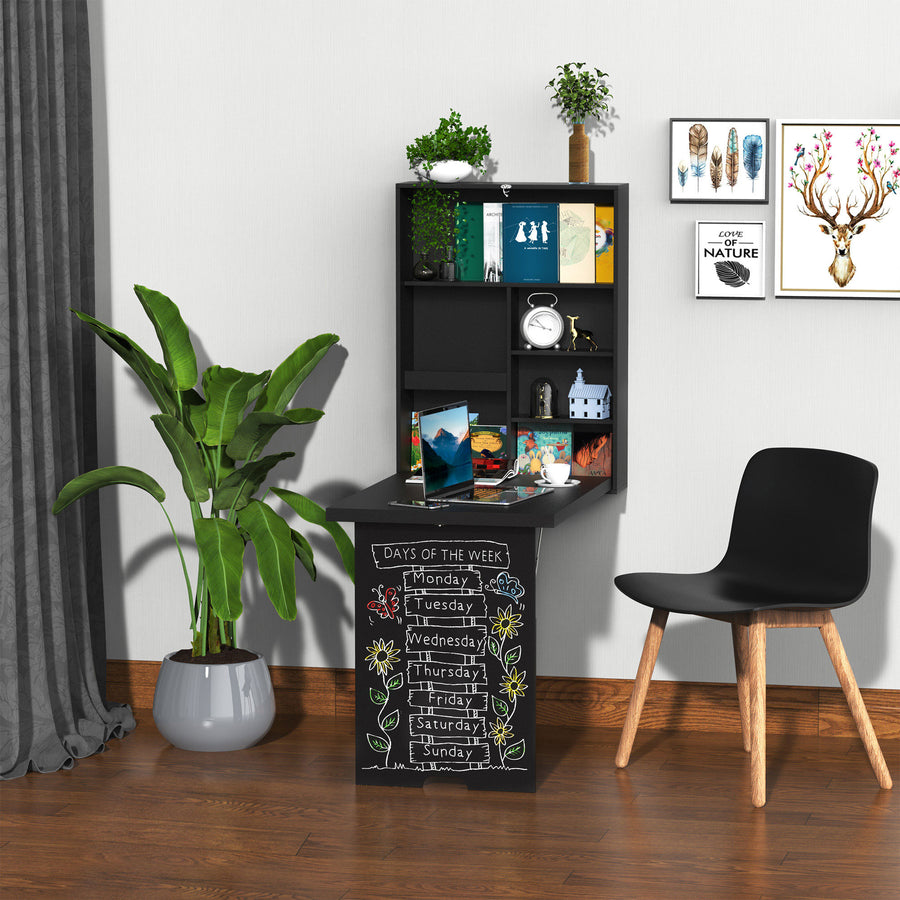 Folding Wall-Mounted Drop-Leaf Table, Convertible Wall Table With Chalkboard and Storage Shelf, Multifunctional Floating Desk for Home Office, Black