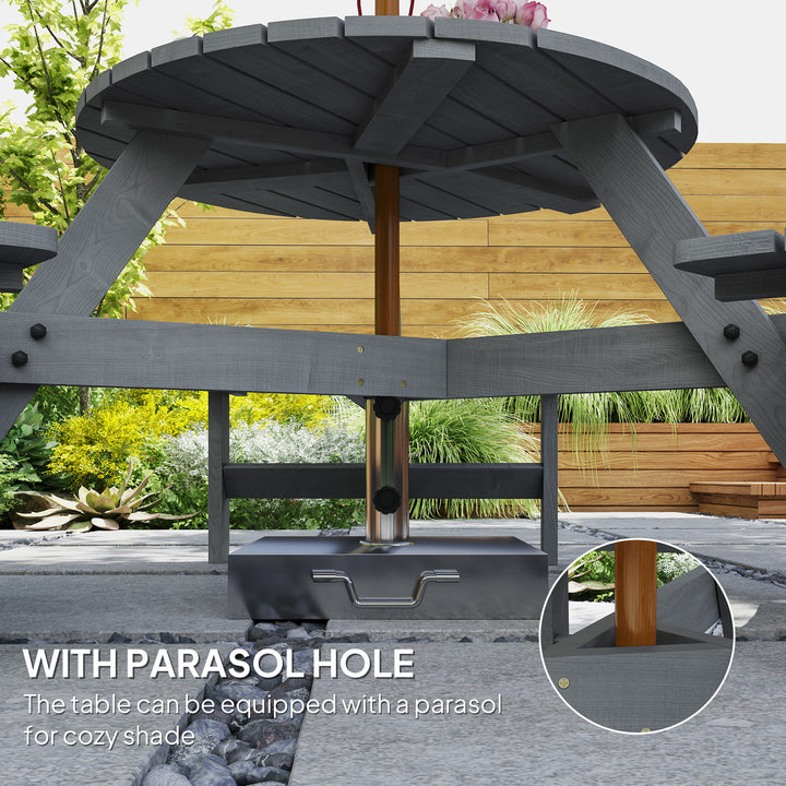 Outsunny 6 Seater Wooden Picnic Table and Garden Benches Set, Round Garden Dining Set with 3 Benches and Umbrella Hole Outdoor Garden Park, Grey