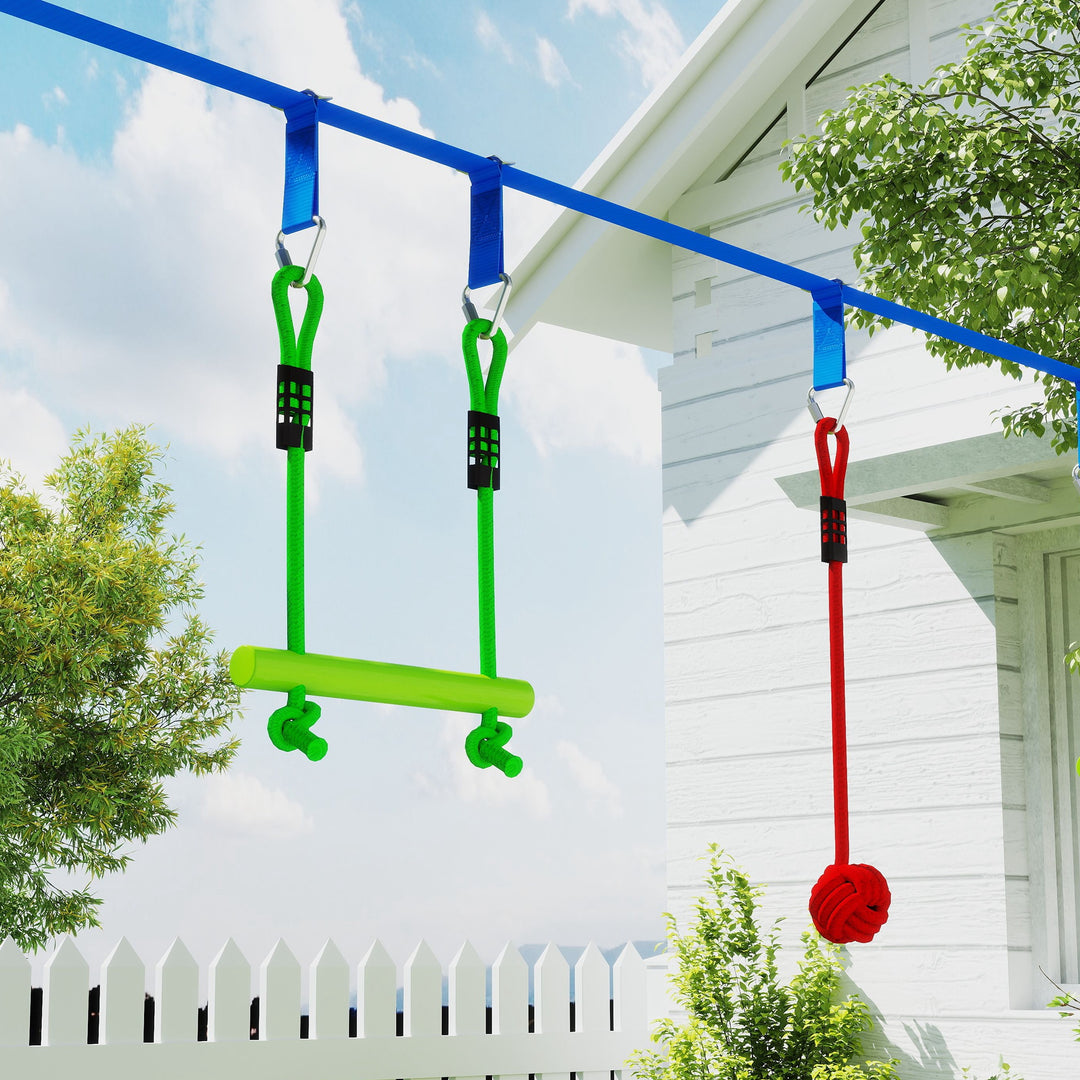 AIYAPLAY 10-Piece Zip Line Kit for Kids with 10m Slackline, Monkey Bars, Swing, Climbing Ladder, Hanging Tray, Metal Rings
