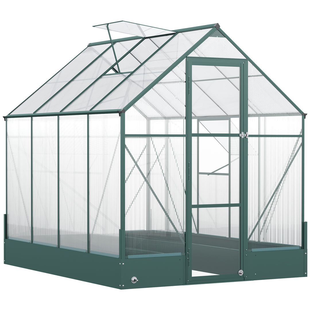 6x8 FT Polycarbonate Greenhouse with Base and Raised Bed, Walk-in Greenhouse with Aluminium Frame, Temperature Controlled Window, Foundation for Plants, Flowers, Vegetable