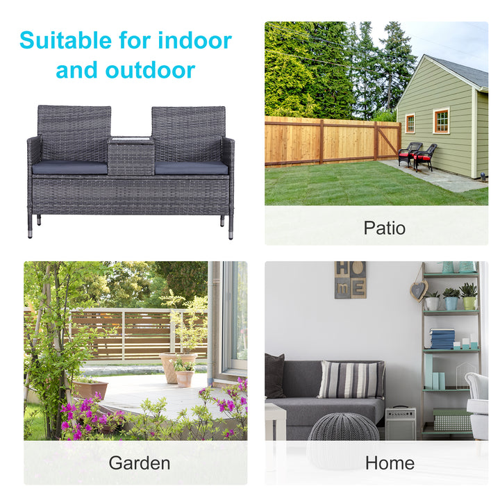 2-Seater PE Rattan Outdoor Garden Bench w/ Centre Table Grey